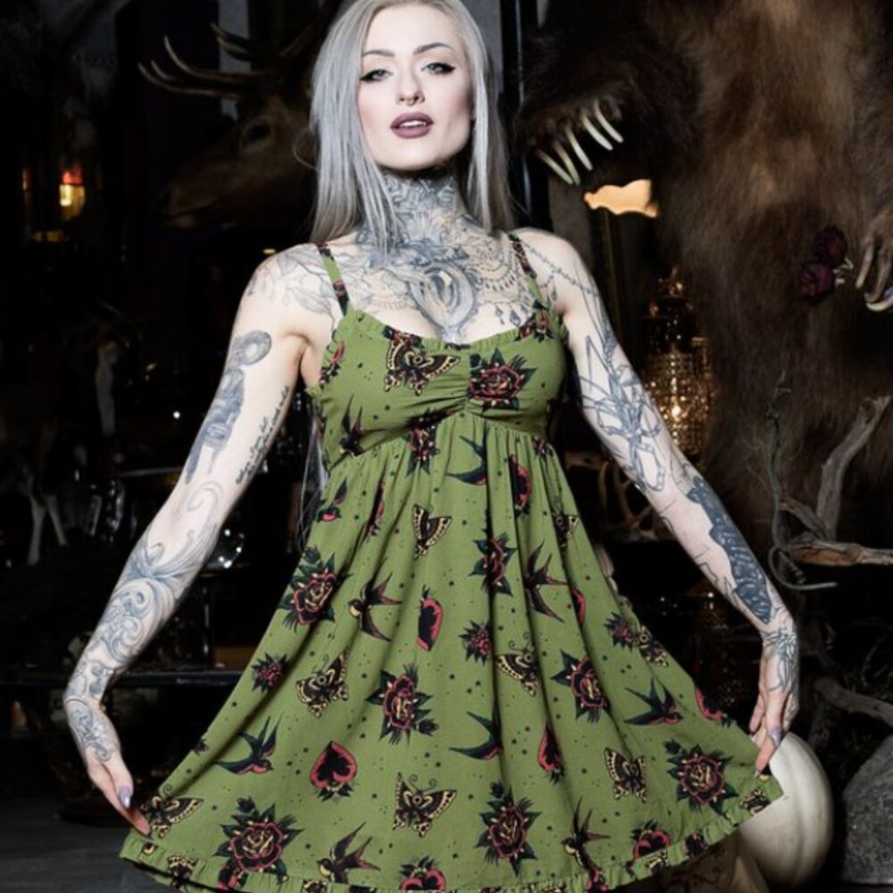 Green Sourpuss Clothing Tattoo Print Dolly Dress Size Small Rockabilly Gothic